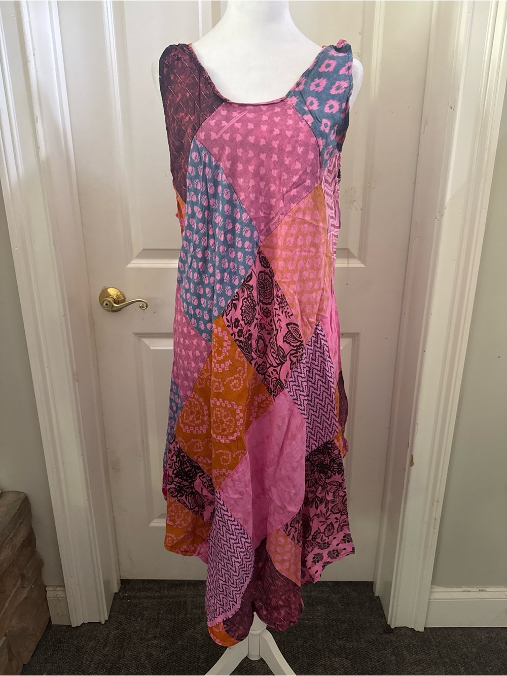 Wevez Pink Purple Patchwork Kantha Sleeveless Cotton Dress Floral Boho M L